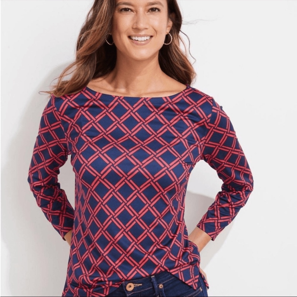 NWT Vineyard Vines Printed‎ Sankaty Boatneck Simple Tee Deep Bay Geo Red M